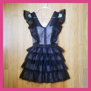 Black Beige Ruffle Lace Dress Fit Flare Cocktail Homecoming Prom Wedding Party S